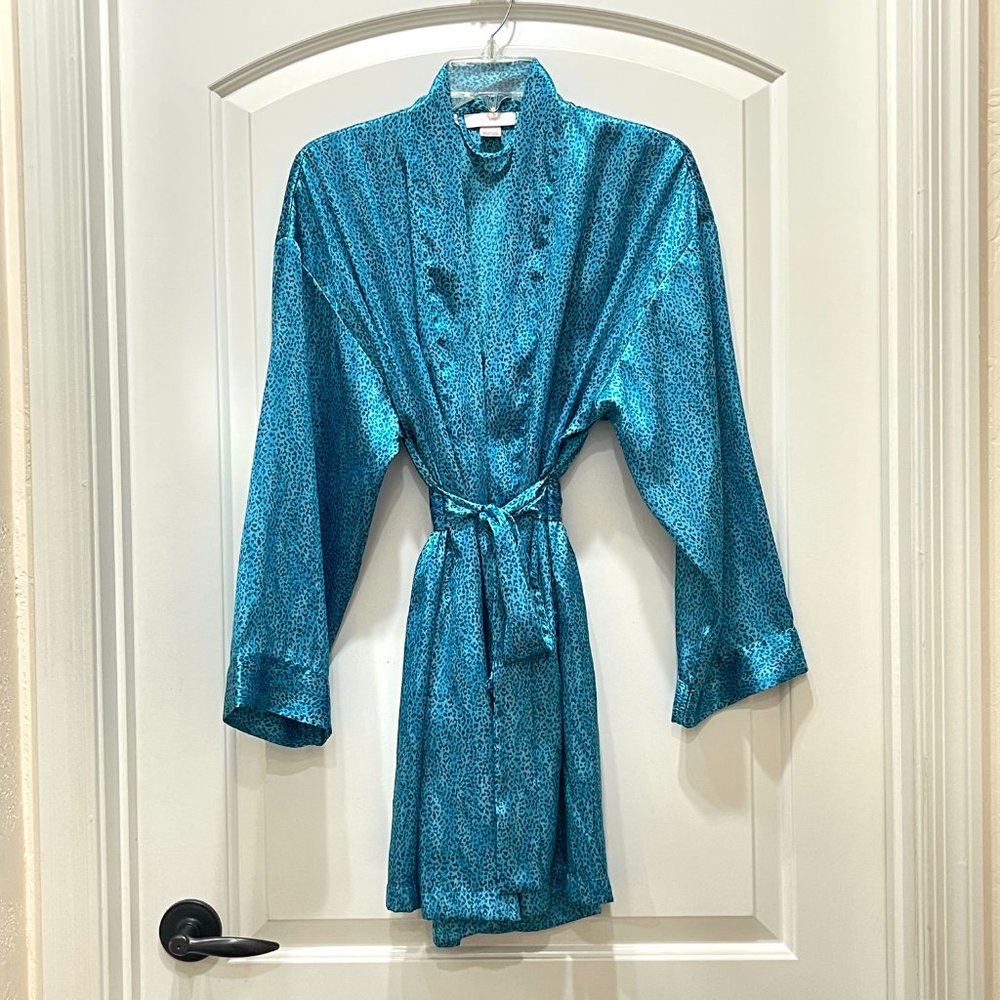 Victoria's Secret Robe Blue Two Tone Spotted Satin Belted Kimono Short One Size